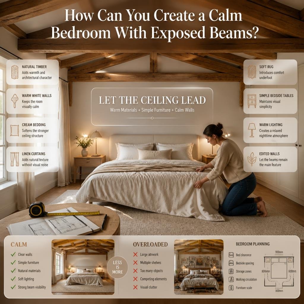 Calm bedroom design with exposed timber beams, warm white walls, cream bedding, linen curtains, soft rug, and warm lighting
