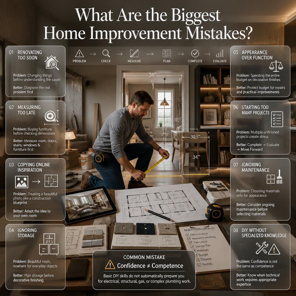 Eight common home improvement mistakes including poor planning, late measuring, ignored storage, budget issues, and risky DIY work