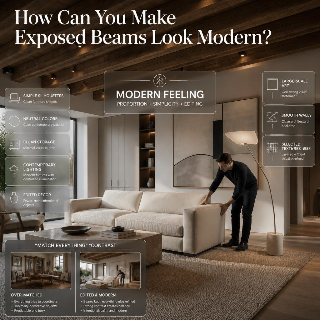 Modern exposed beam interior with neutral furniture, clean storage, contemporary lighting, artwork, textures, and simple décor
