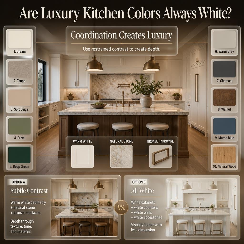 Luxury kitchen color ideas featuring cream, taupe, olive, deep green, charcoal, walnut, muted blue, natural wood, and warm gray.
