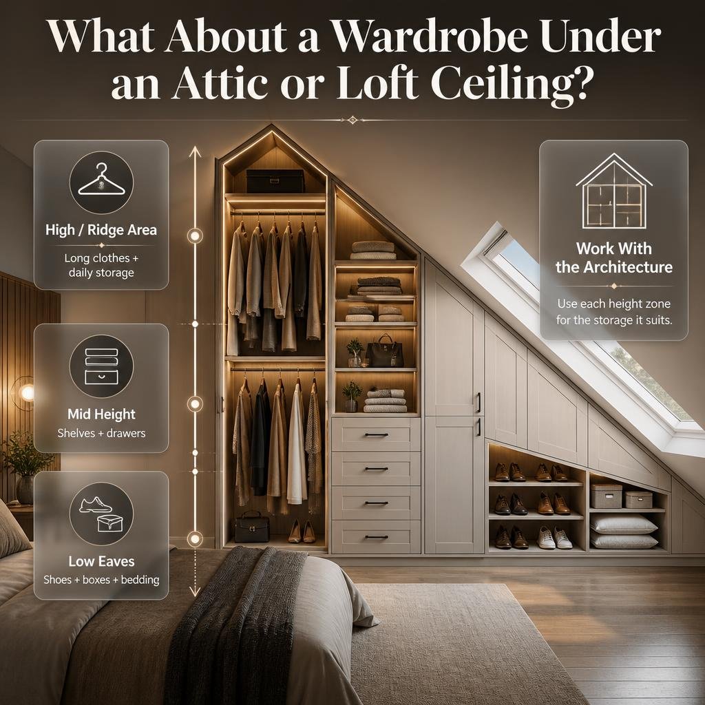 Attic wardrobe design using high storage for clothes and low eaves for shoes, boxes, and bedding beneath a sloped loft ceiling.