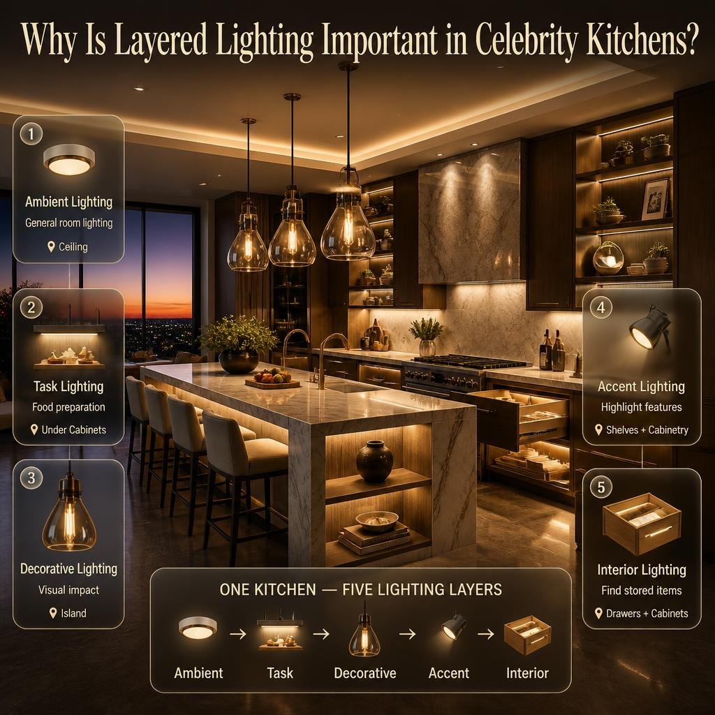 Create a premium 16:9 horizontal architectural infographic / blog featured image explaining layered lighting in celebrity-inspired kitchens. The final image should combine a luxury interior-design magazine aesthetic with a polished Adobe Photoshop infographic style.

EXACT TITLE

At the very top, display this exact title in large, elegant, premium typography:

“Why Is Layered Lighting Important in Celebrity Kitchens?”

Do not change, shorten, paraphrase, or misspell the title.

CENTRAL HERO SCENE

Create one breathtaking photorealistic luxury celebrity-inspired kitchen at an atmospheric transition between daytime and evening.

The kitchen should demonstrate multiple lighting sources working together.

Show:

sophisticated ceiling ambient lighting
elegant pendant lights above a dramatic kitchen island
bright but refined under-cabinet task lighting
accent illumination inside open shelving
subtle lighting highlighting stone surfaces and architectural details
warm internal lighting inside drawers and cabinets
premium stone island
custom cabinetry
refined contemporary materials
realistic kitchen work surfaces
tasteful decorative objects
sophisticated architectural proportions

The lighting must be clearly visible without looking artificial or overexposed.

FIVE-LAYER LIGHTING SYSTEM

Create five elegant glassmorphism panels arranged around the central kitchen.

PANEL 1 — AMBIENT

Icon: ceiling light

“Ambient Lighting”

Supporting text:

“General room lighting”

Visual location indicator:

“Ceiling”

Show soft overall illumination across the kitchen.

PANEL 2 — TASK

Icon: food preparation / work surface

“Task Lighting”

Supporting text:

“Food preparation”

Visual location indicator:

“Under Cabinets”

Make the work surface visibly easier to see beneath the wall cabinets.

PANEL 3 — DECORATIVE

Icon: pendant lamp

“Decorative Lighting”

Supporting text:

“Visual impact”

Visual location indicator:

“Island”

Show sophisticated pendant fixtures creating a strong visual focal point above the island.

PANEL 4 — ACCENT

Icon: spotlight / architectural detail

“Accent Lighting”

Supporting text:

“Highlight features”

Visual location indicator:

“Shelves + Cabinetry”

Use subtle accent illumination to emphasize shelving, stone, artwork, or architectural details.

PANEL 5 — INTERIOR

Icon: illuminated drawer

“Interior Lighting”

Supporting text:

“Find stored items”

Visual location indicator:

“Drawers + Cabinets”

Show warm internal illumination inside an opened drawer and cabinet.

CENTRAL LIGHTING DIAGRAM

Add a refined transparent glass panel near the lower center:

“ONE KITCHEN — FIVE LIGHTING LAYERS”

Under it, display a clean visual sequence:

Ambient → Task → Decorative → Accent → Interior

Use small premium icons and subtle connecting lines.

ATMOSPHERE TRANSITION

Visually communicate that layered lighting allows the kitchen atmosphere to change throughout the day.

Use subtle lighting zones:

brighter general illumination around work areas
focused task lighting over preparation surfaces
warm decorative island lighting
soft accent illumination around architectural details
gentle interior cabinet lighting

Do not split the image into separate rooms or obvious before/after panels. Keep it as one cohesive luxury kitchen.

VISUAL EMPHASIS

Make the central island a major focal point with elegant pendant lighting above it.

Show under-cabinet lighting illuminating a realistic food-preparation surface.

Use accent lighting to draw attention to:

premium stone
open shelving
cabinetry details
selected architectural features

Use interior lighting inside partially opened drawers and cabinets to make the storage system visually understandable.

STYLE

Ultra-realistic luxury residential kitchen, celebrity-inspired interior, sophisticated contemporary architecture, premium stone surfaces, custom cabinetry, elegant pendant fixtures, realistic LED illumination, architectural lighting design, cinematic photography, physically accurate light falloff, realistic reflections, ray-traced lighting, HDR, natural shadows, premium glass surfaces, subtle depth of field, high-end interior-design editorial aesthetic.

COLOR DIRECTION

Automatically select a sophisticated lighting palette appropriate to the kitchen.

Use:

warm neutral architectural finishes
natural stone
refined wood
soft white ambient illumination
warm pendant lighting
subtle accent lighting
restrained metallic details

Avoid excessive neon colors, unrealistic glowing surfaces, or overly dramatic colored lighting.

COMPOSITION
16:9 horizontal
exact title at top
central luxury kitchen as dominant hero
dramatic island positioned centrally
pendant lights clearly visible
under-cabinet lighting clearly visible
illuminated shelves and cabinetry
partially opened drawer showing interior lighting
five balanced glassmorphism panels
clear visual hierarchy
premium negative space
cinematic depth
readable at thumbnail size
suitable for blog featured image and YouTube thumbnail
STRICT CONTENT CONTROL

Do not add:

celebrity faces
celebrity names
logos
brand names
URLs
watermarks
fake lighting specifications
unsupported technical measurements
random text
long paragraphs

Keep all infographic wording concise and directly based on the supplied information.

The final image should communicate one clear principle:

Celebrity kitchen layered lighting featuring ambient, task, decorative, accent, and interior lighting for function and atmosphere.