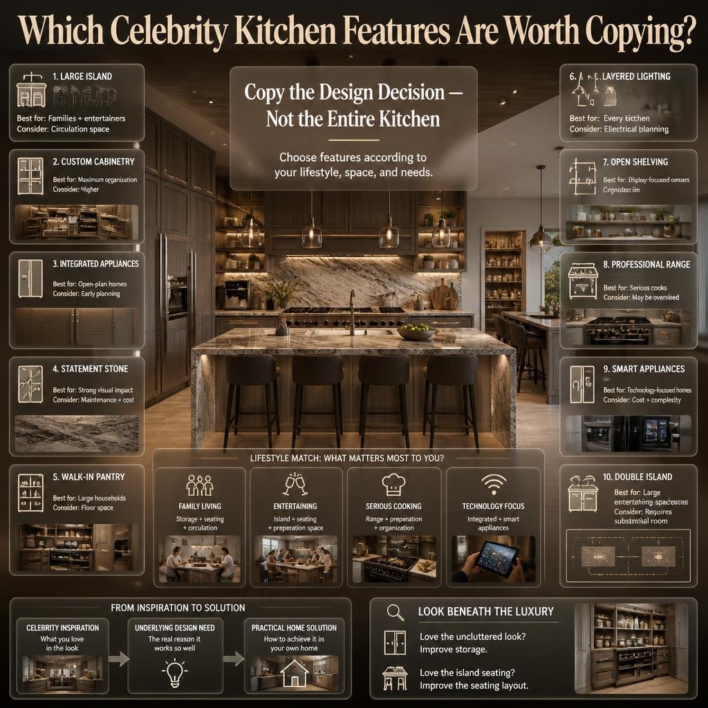 Celebrity kitchen features compared by lifestyle, space, planning, maintenance, organization, technology, and practical design requirements.