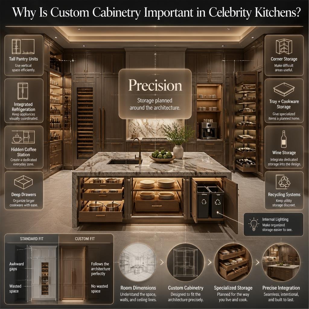 Custom celebrity kitchen cabinetry with tall pantry units, integrated appliances, hidden coffee station, deep drawers, corner storage, and lighting.