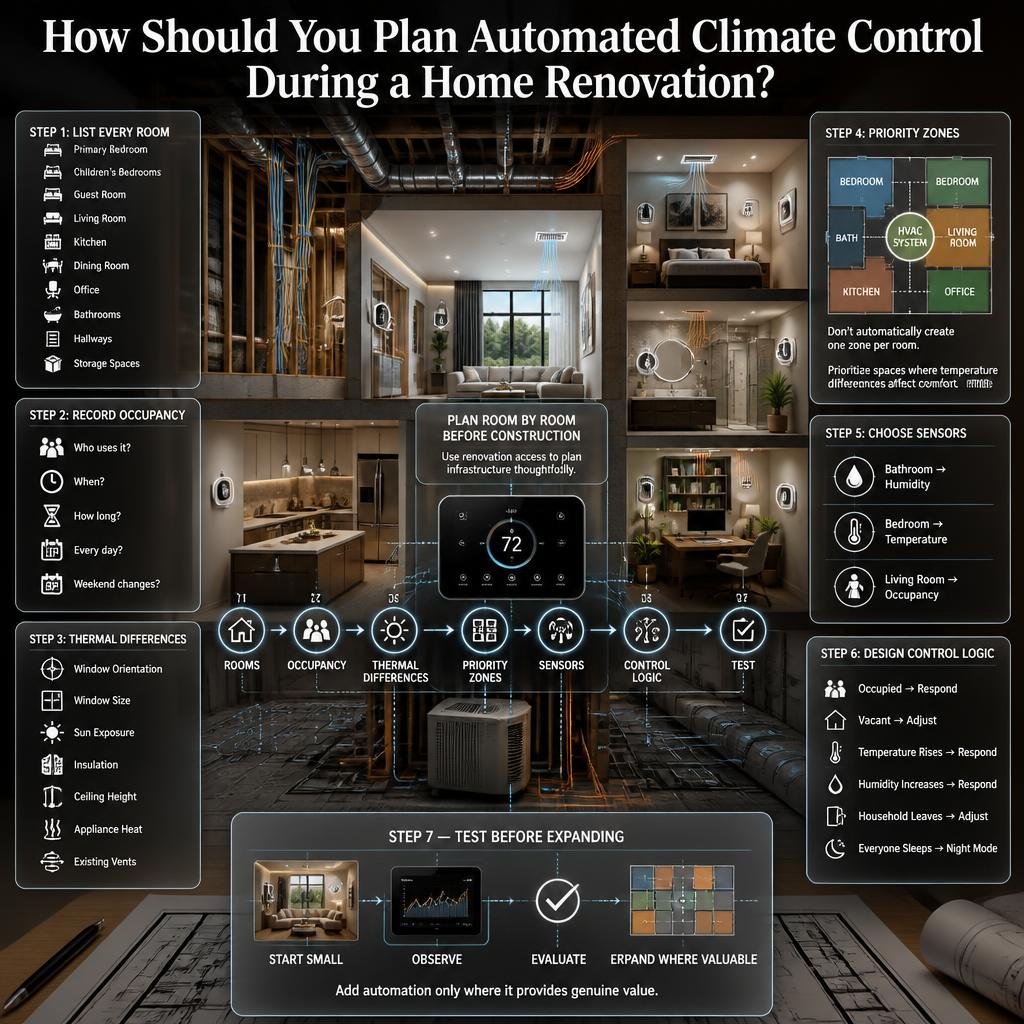 Planning automated climate control during renovation with room zones, occupancy patterns, thermal differences, sensors, and smart control logic.