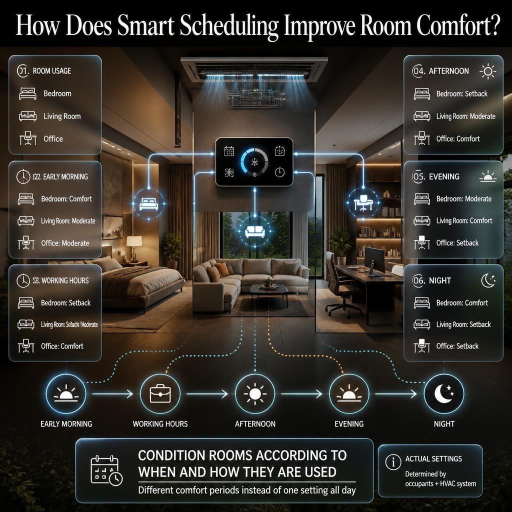Smart climate scheduling adjusts bedroom, living room, and office comfort according to occupancy, time of day, and room usage.