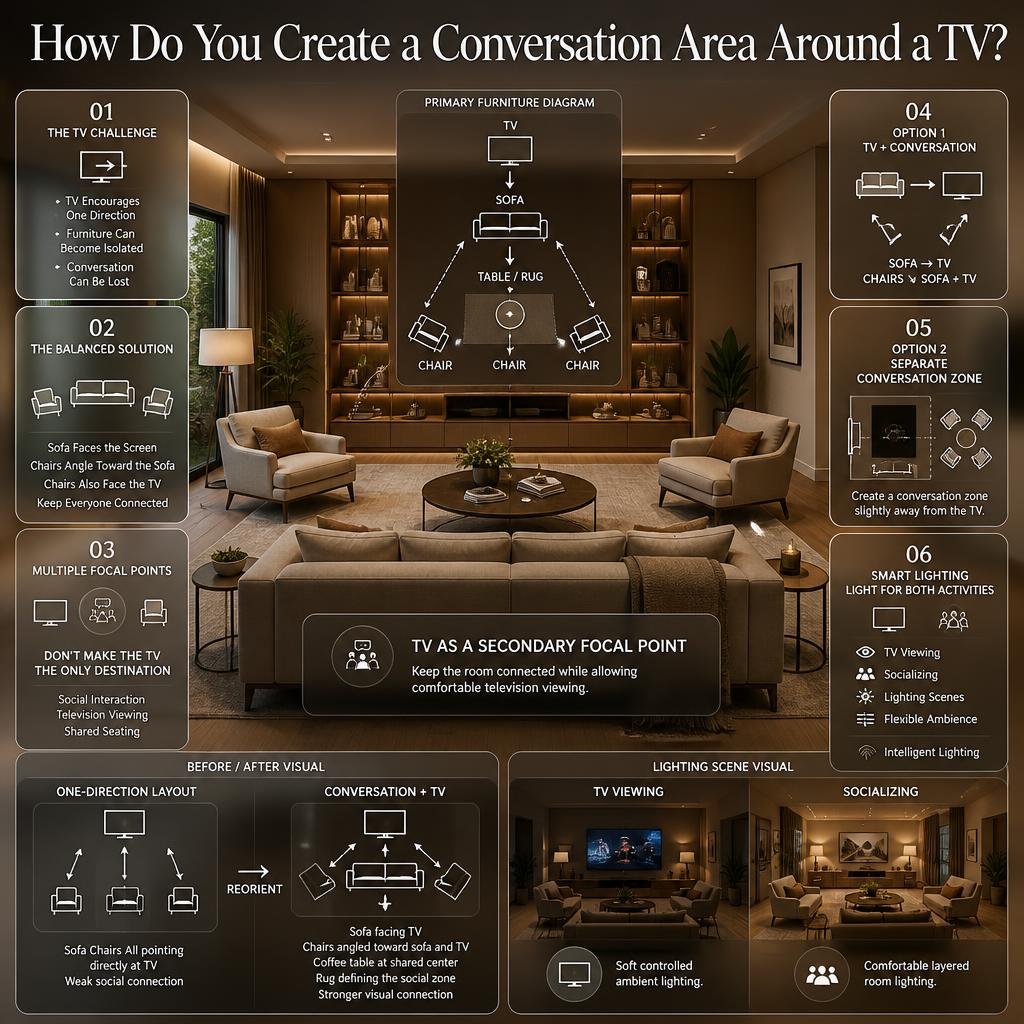 Living room conversation area around a TV with angled chairs, sofa seating, coffee table, rug, and balanced social focal points.