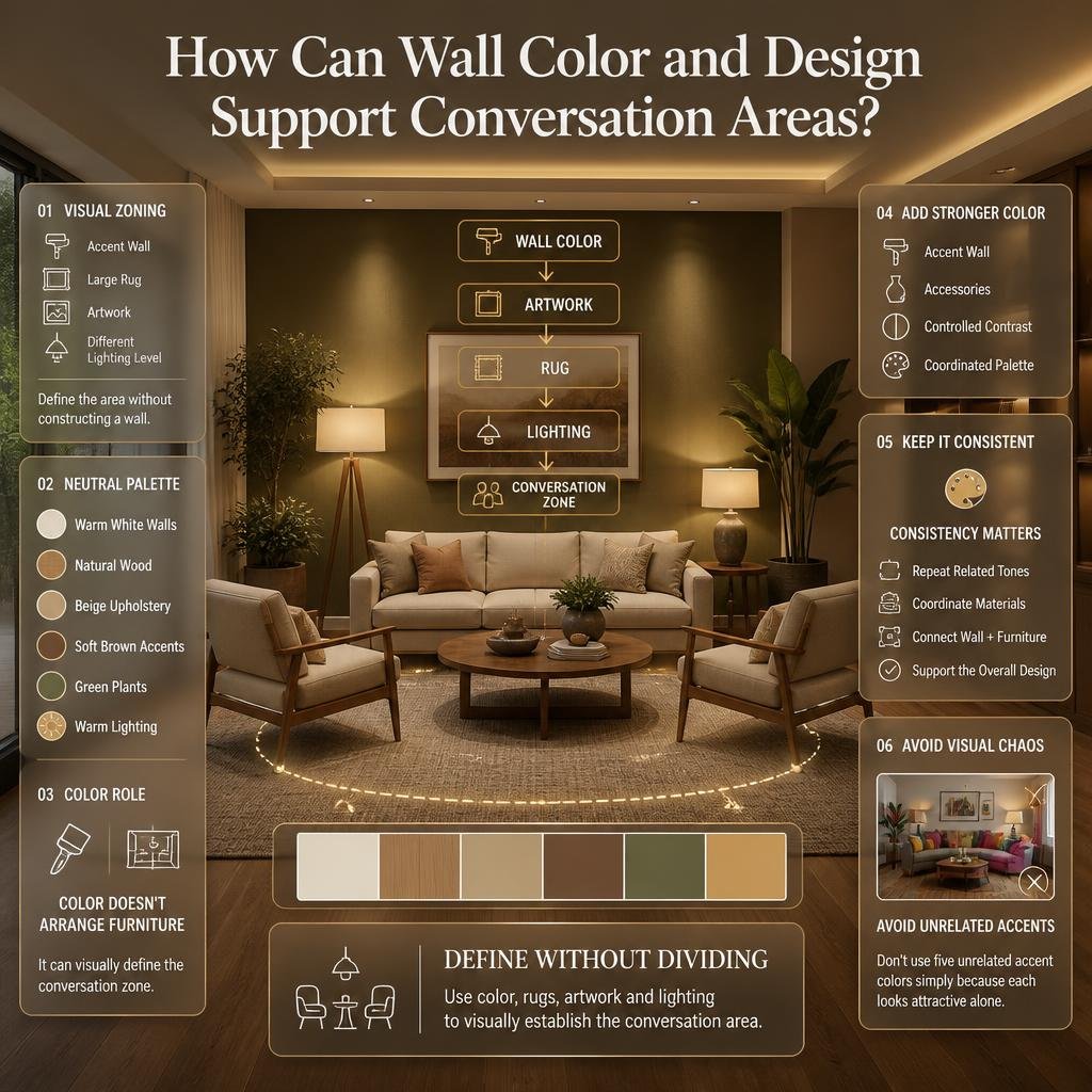 Living room conversation area defined with coordinated wall colors, accent wall, artwork, rug, natural wood furniture, and warm lighting.