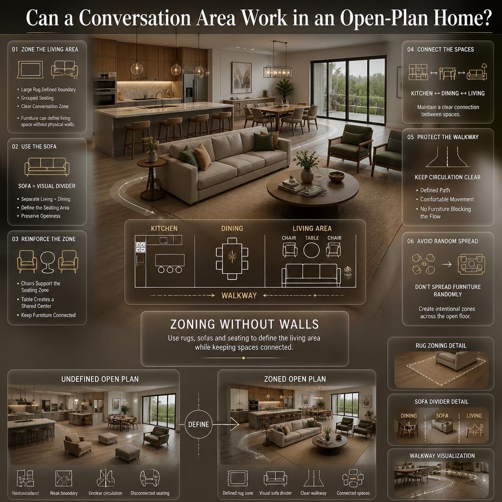 Open-plan living room conversation area defined with a large rug, sofa divider, chairs, dining space, kitchen, and clear walkway.