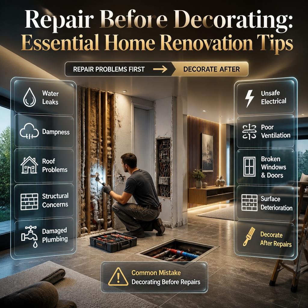 Repair Before Decorating shows why leaks, dampness, plumbing, electrical issues, and structural problems should be fixed before final finishes.