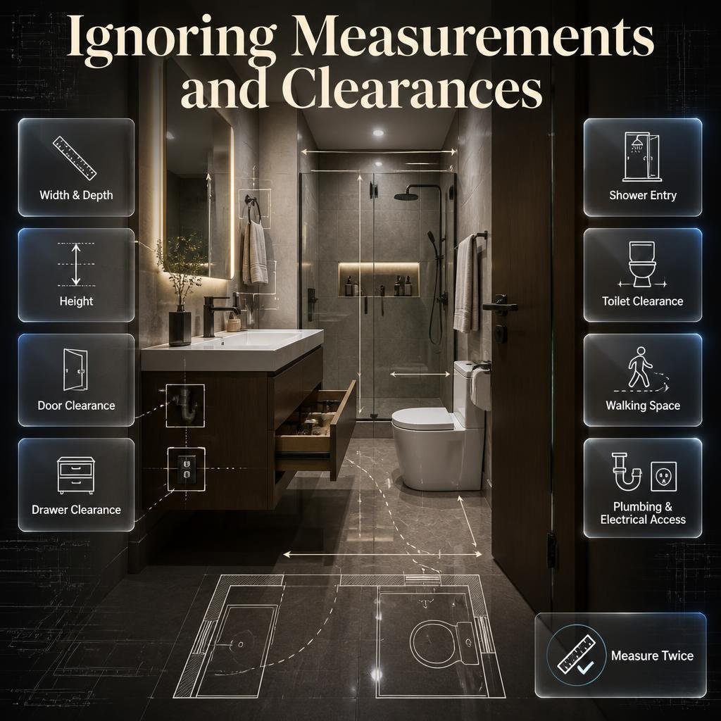 Bathroom measurement mistakes showing fixture clearances, door space, vanity depth, shower entry, toilet space, and walking room.Bathroom Measurements and Clearance Mistakes to Avoid