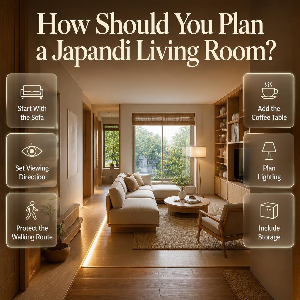Japandi living room layout with sofa, coffee table, lamp, storage, entrance, window, and an open circulation walkway.