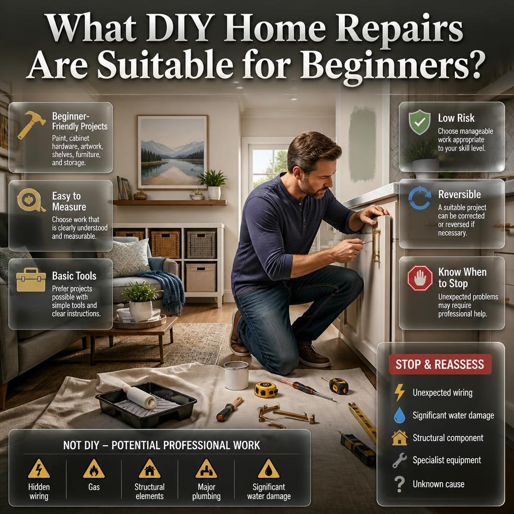 Homeowner working on beginner DIY repairs including painting, cabinet adjustment, shelves, artwork, furniture, and storage improvements.