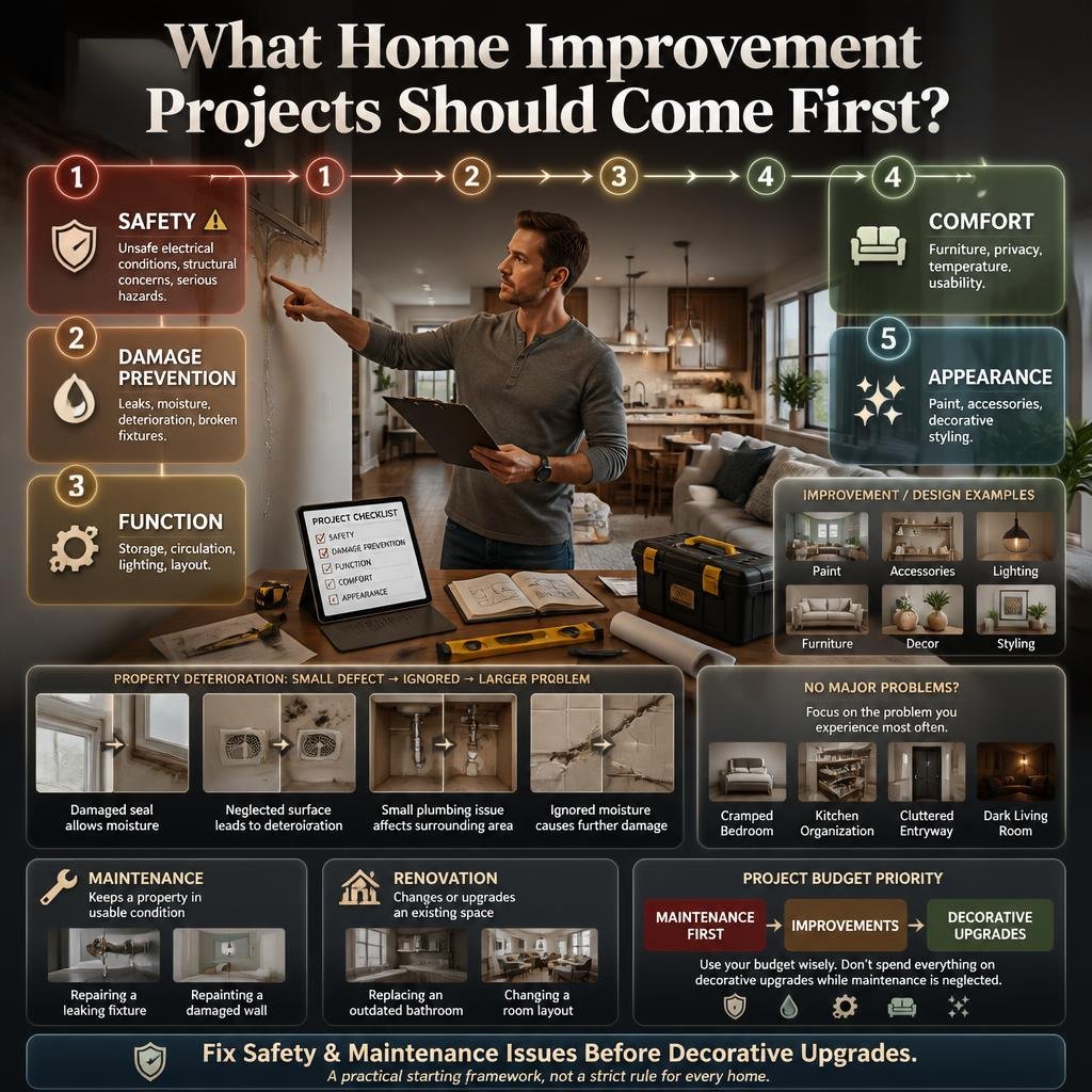 Homeowner prioritizing safety, damage prevention, function, comfort, and appearance while planning practical home improvement projects.
