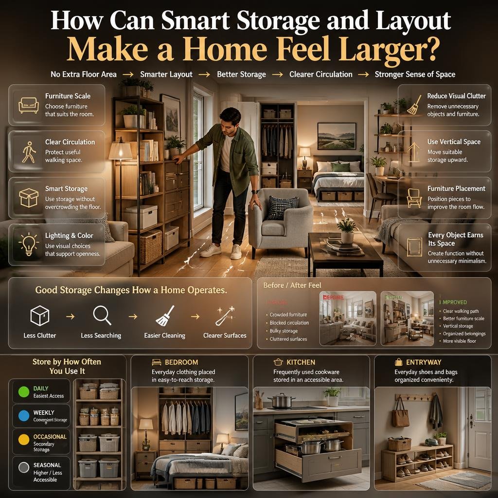 Homeowner improving a small room with smart storage, furniture placement, lighting, vertical space, and organized everyday items.