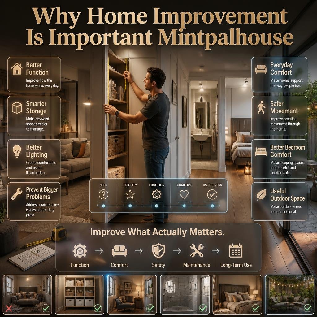 Homeowner improving storage, lighting, layout, walls, bedroom comfort, and outdoor space to make everyday home life more functional.