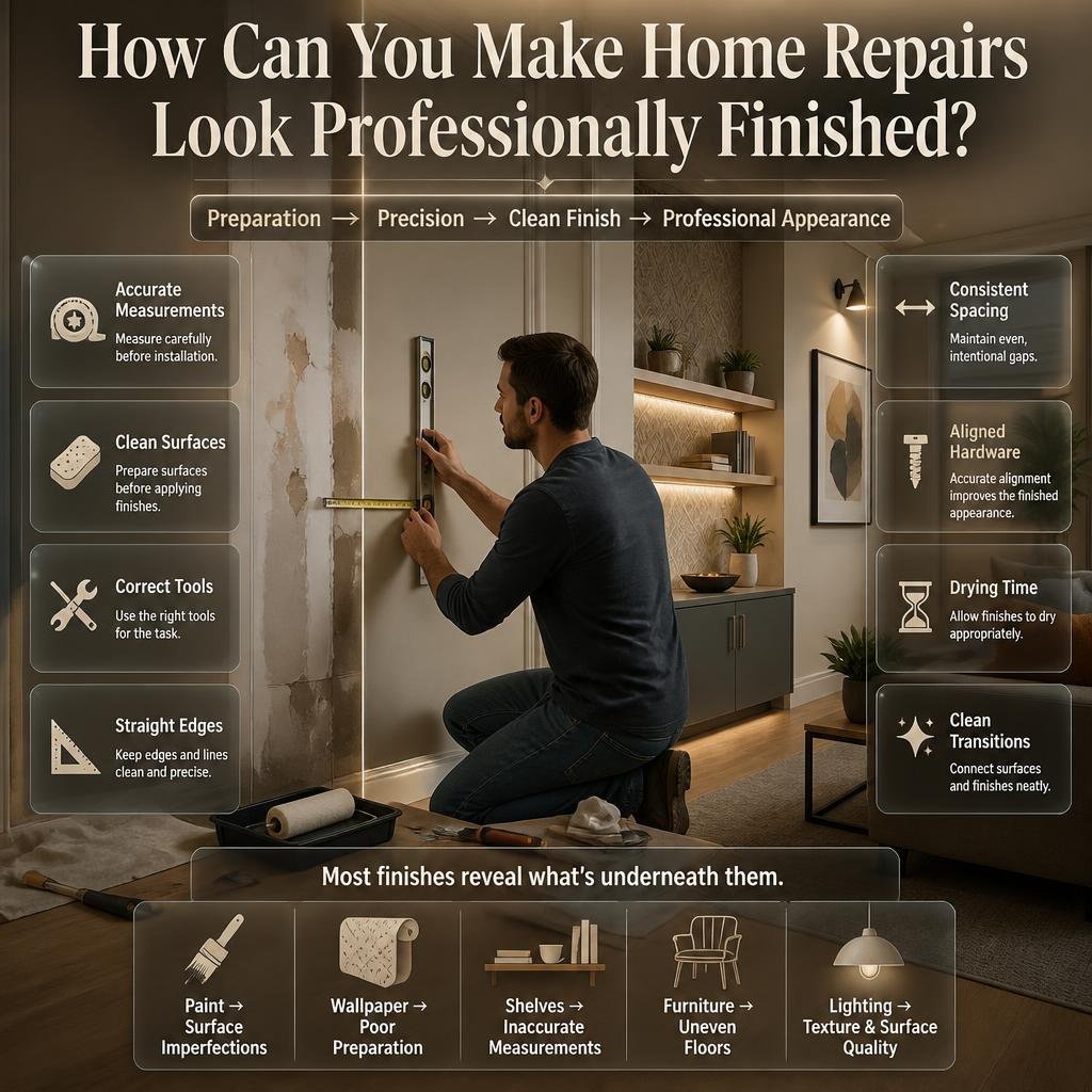 Homeowner preparing surfaces, measuring edges, aligning hardware, and finishing repairs for a clean professional-looking home interior.