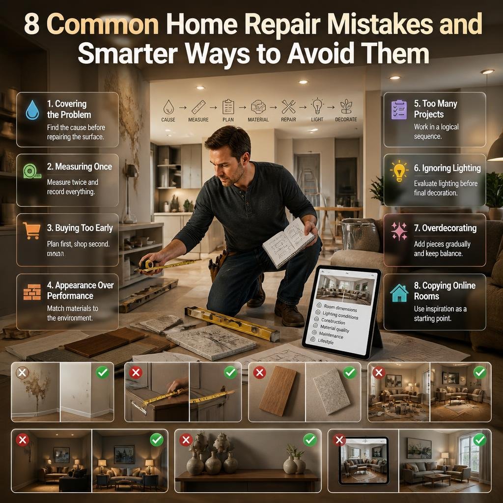 Homeowner avoiding common repair mistakes such as poor measurements, wrong materials, ignored lighting, overdecoration, and unfinished projects.