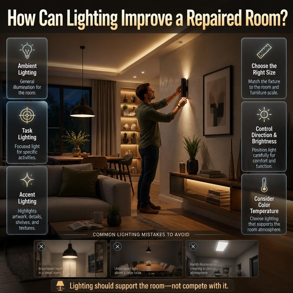 A homeowner improving a repaired room with ambient, task, and accent lighting for better comfort, function, and interior design.