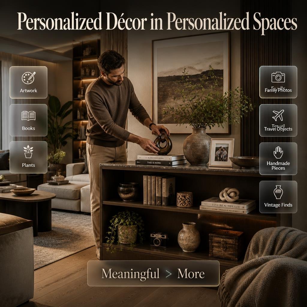Personalized décor with artwork, books, plants, ceramics, photos, and travel objects creating a meaningful interior space