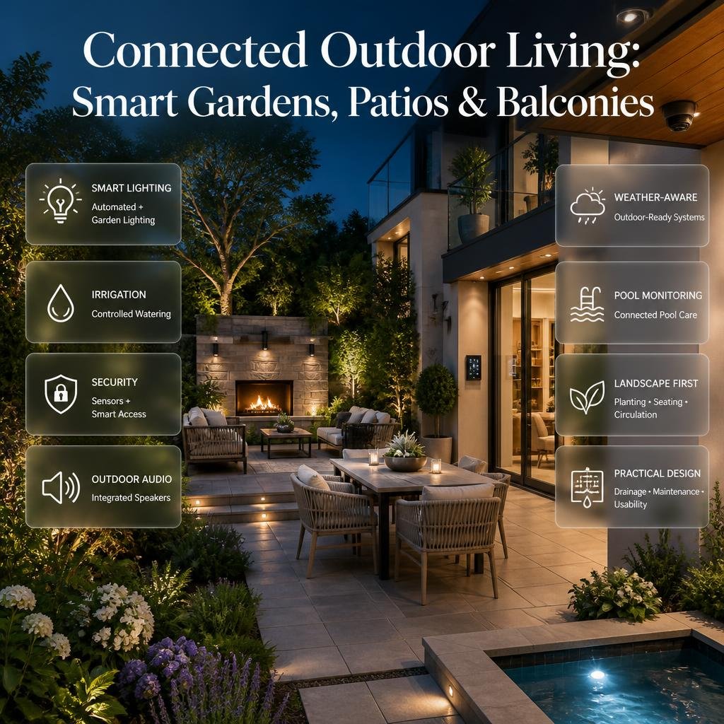 Connected outdoor living with automated lighting, irrigation, security sensors, speakers, pool monitoring, and smart garden controls.