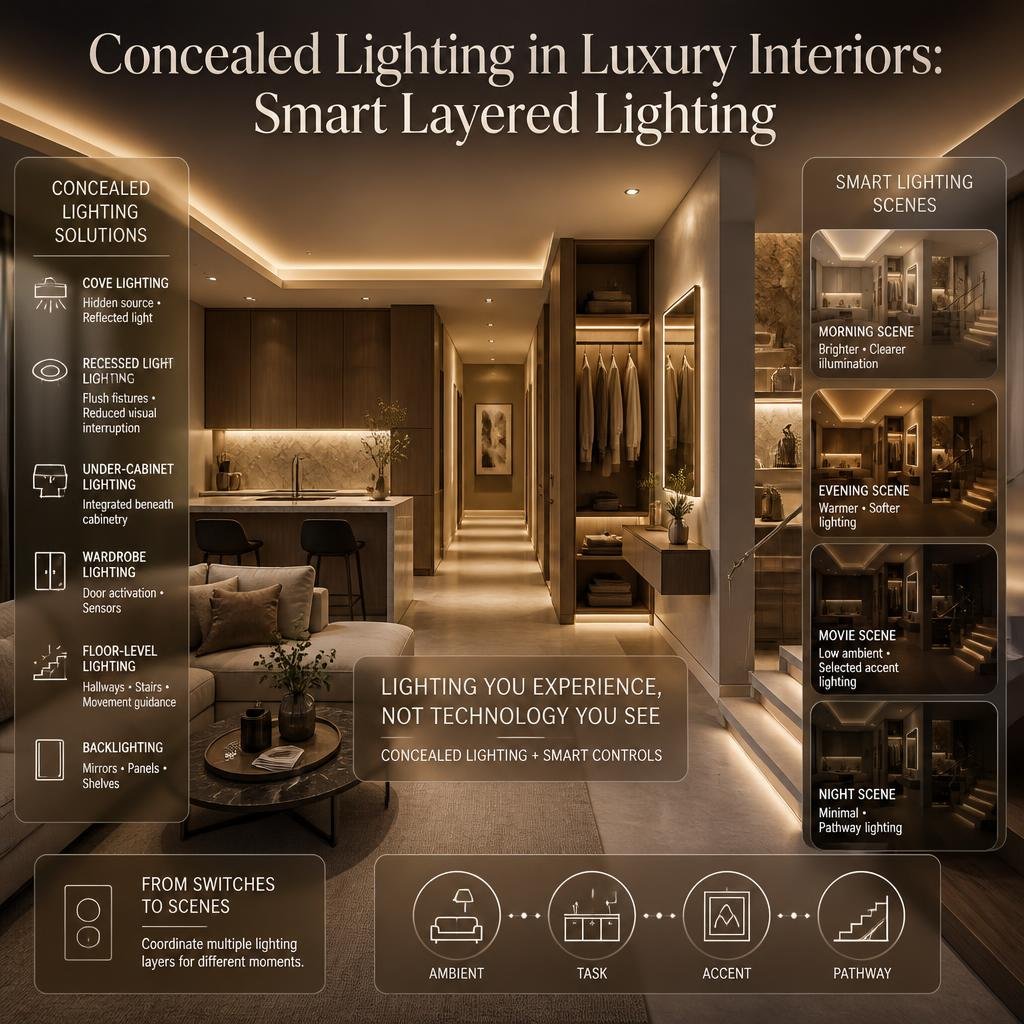 Luxury interior showing concealed cove, recessed, cabinet, wardrobe, floor-level, and backlighting with smart lighting scenes.