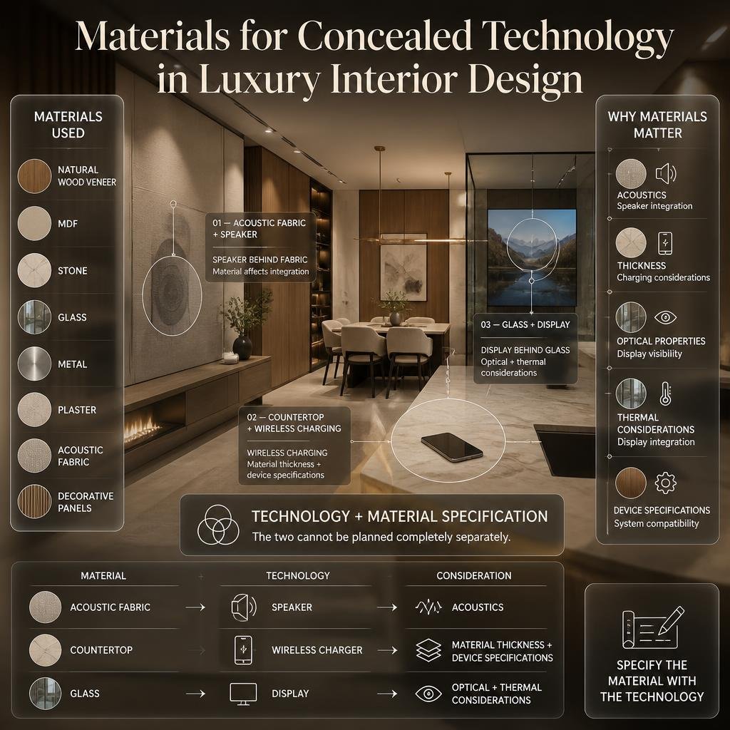 Luxury interior showing concealed technology integrated into wood, veneer, MDF, stone, glass, metal, plaster, and acoustic fabric.
