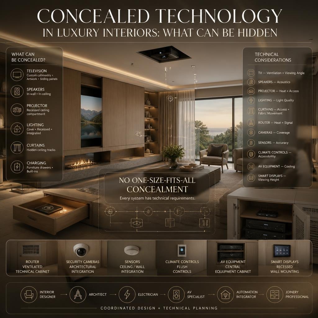 Luxury interior showing concealed TV, speakers, projector, lighting, charging, router, cameras, sensors, climate controls, and AV equipment.