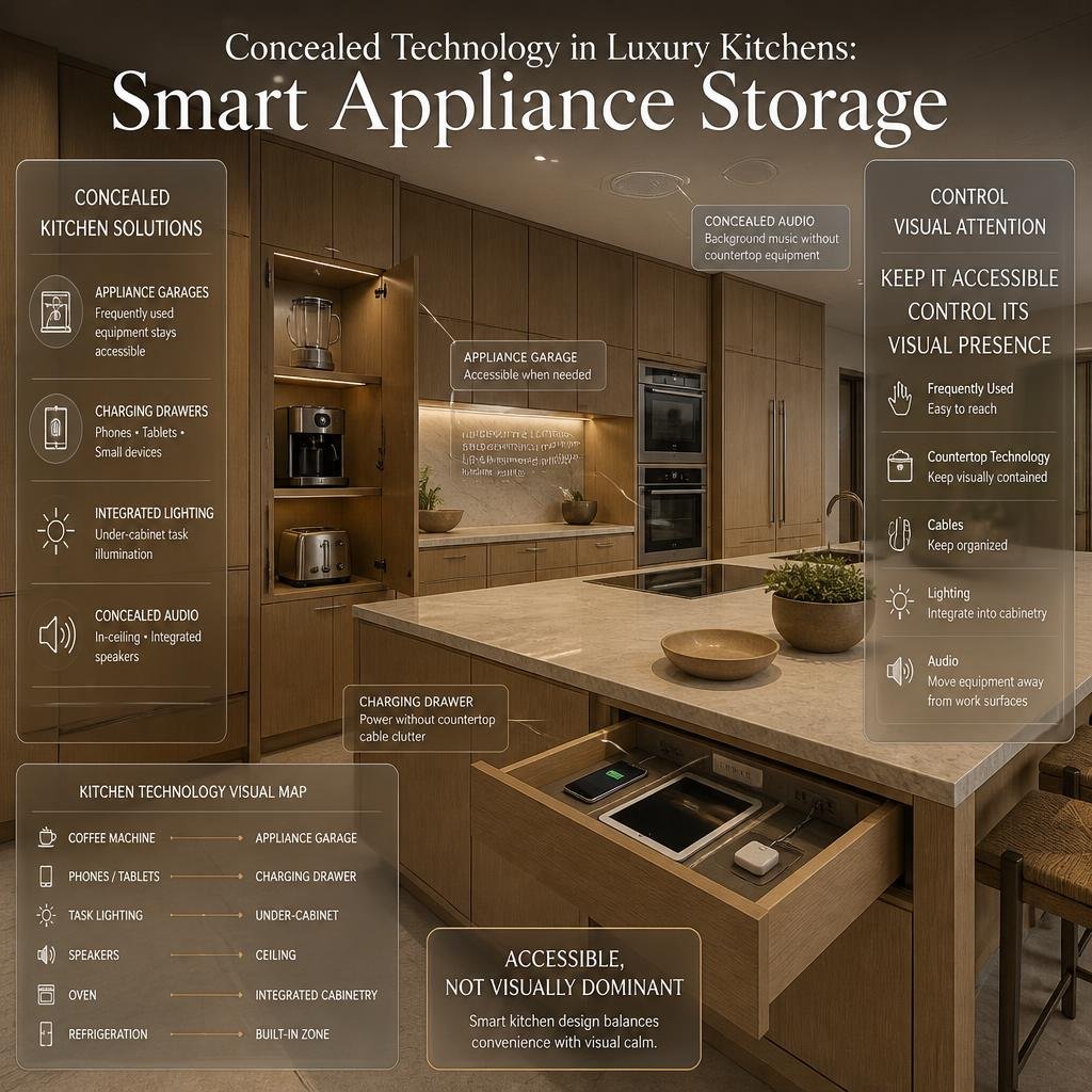 Luxury kitchen with concealed appliance garage, charging drawer, integrated lighting, hidden speakers, and organized countertops.