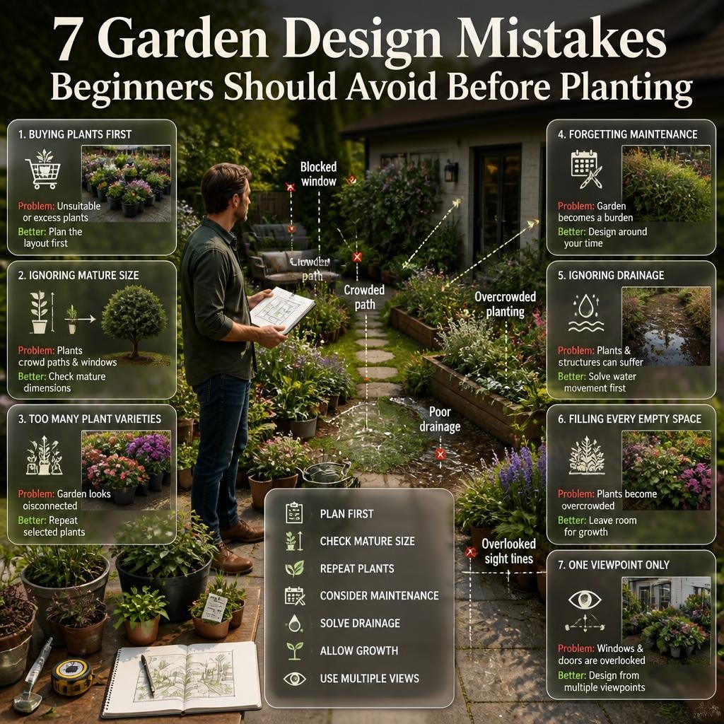 Seven beginner garden design mistakes showing poor plant choices, overcrowding, drainage issues, maintenance, and overlooked garden views