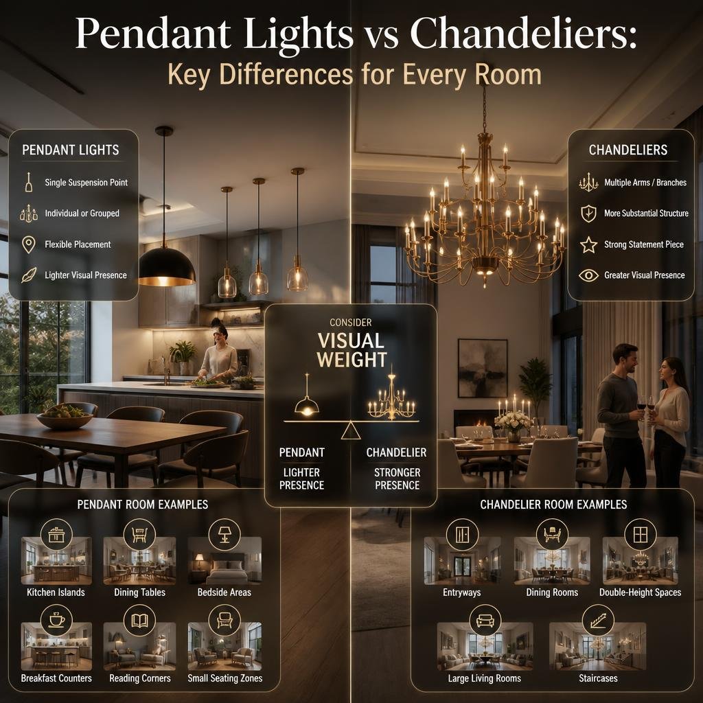Pendant lights vs chandeliers comparison showing fixture structure, visual weight, and ideal placement across different interior spaces