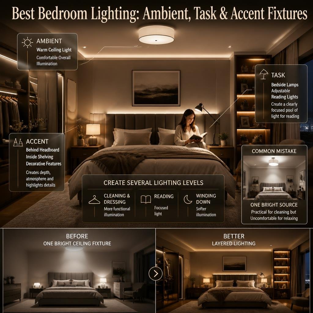 Best bedroom lighting setup showing ambient ceiling light, bedside task lighting, accent illumination, and softer levels for relaxation