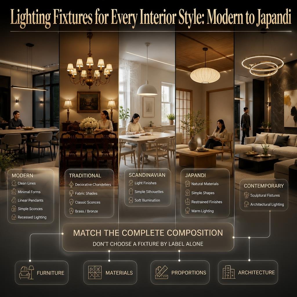 Lighting fixtures for modern, traditional, Scandinavian, Japandi, and contemporary interiors matched to furniture, materials, and proportions