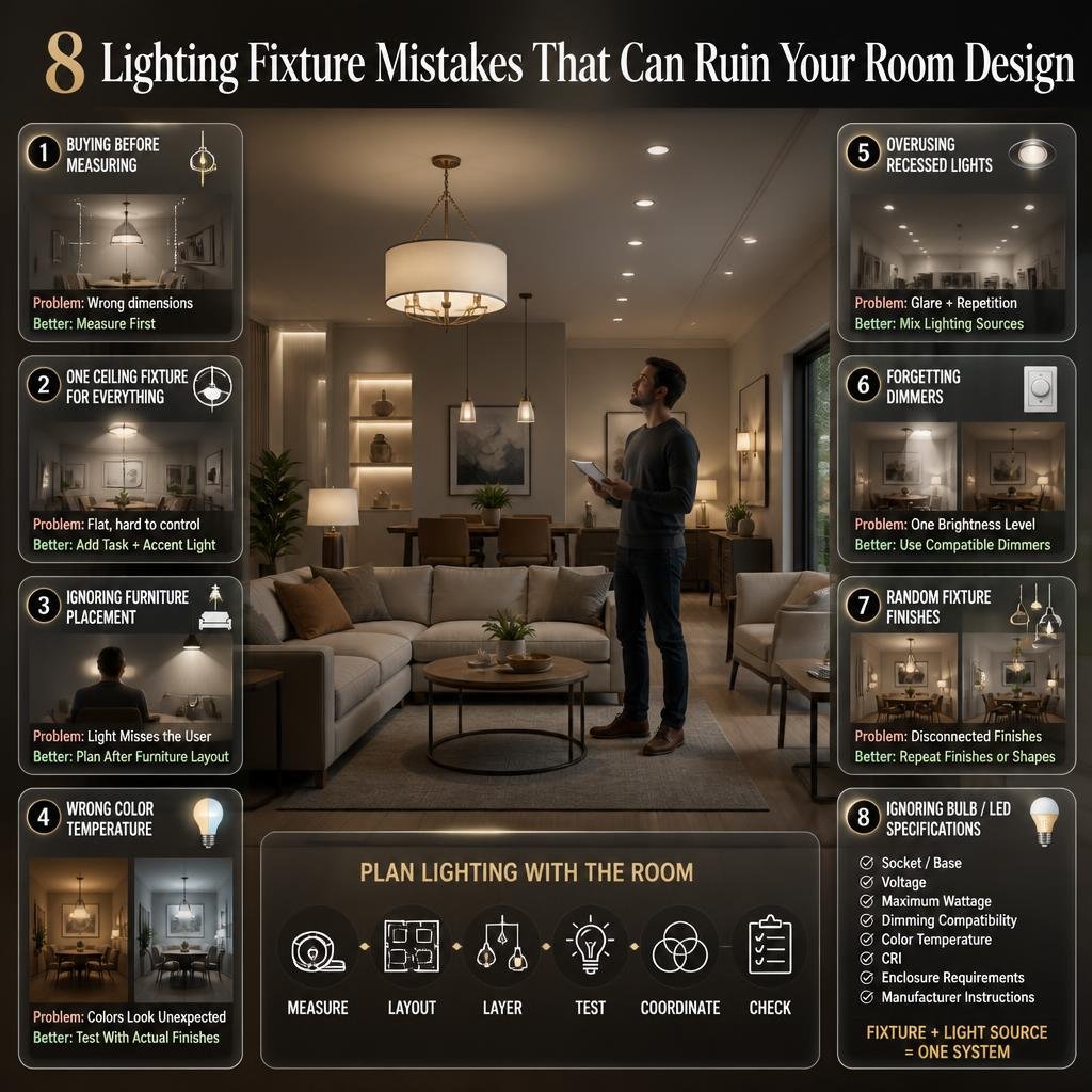 Eight lighting fixture mistakes showing poor measurements, single-source lighting, glare, wrong color temperature, and finish mismatches