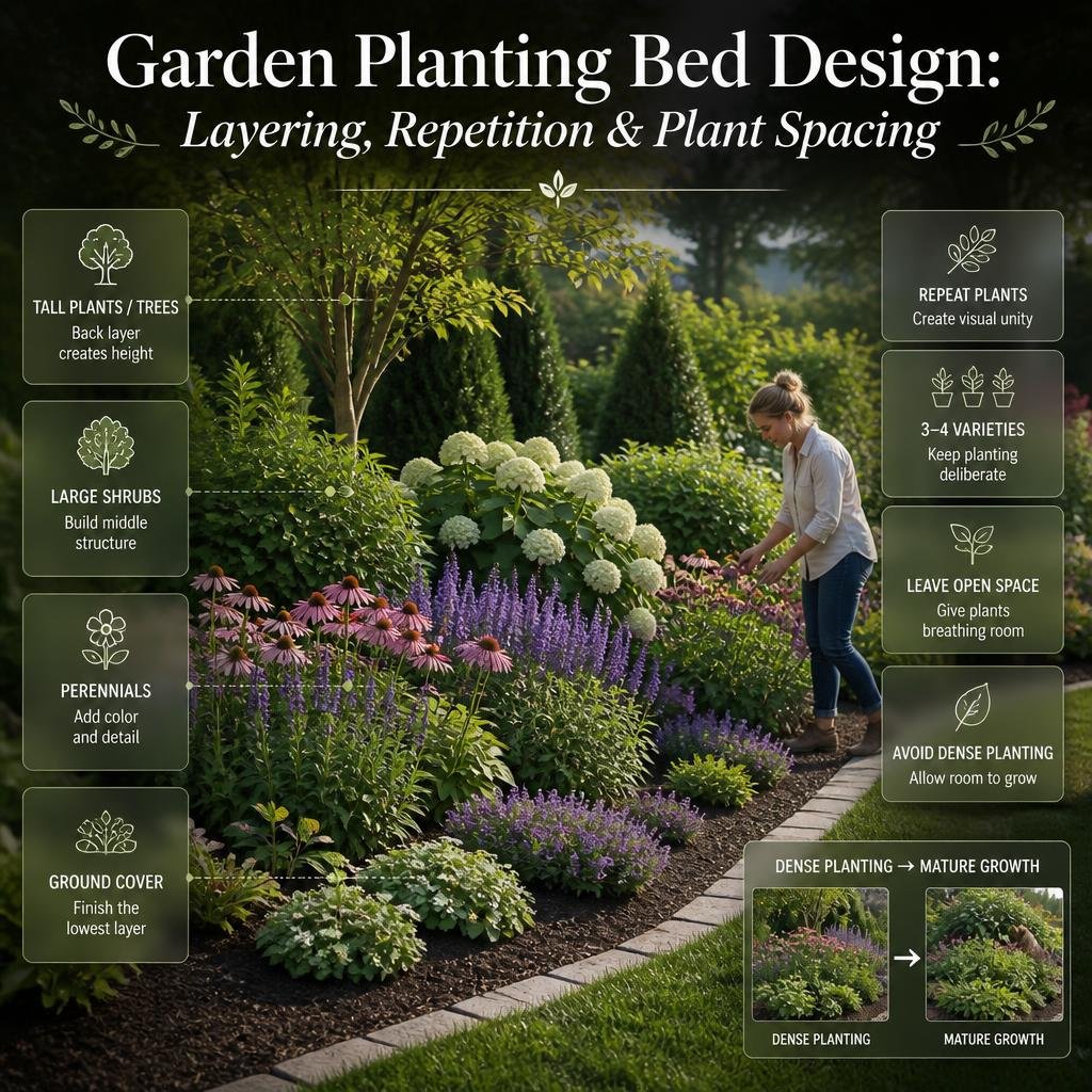 Garden planting bed design showing layered plant heights, repeated varieties, open space, and proper spacing for healthy growth