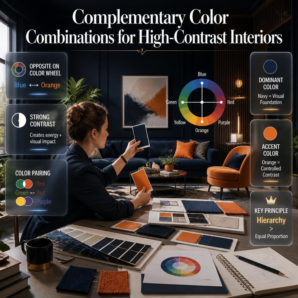 Complementary color combinations showing navy and orange used with balanced contrast and clear color hierarchy in an interior
