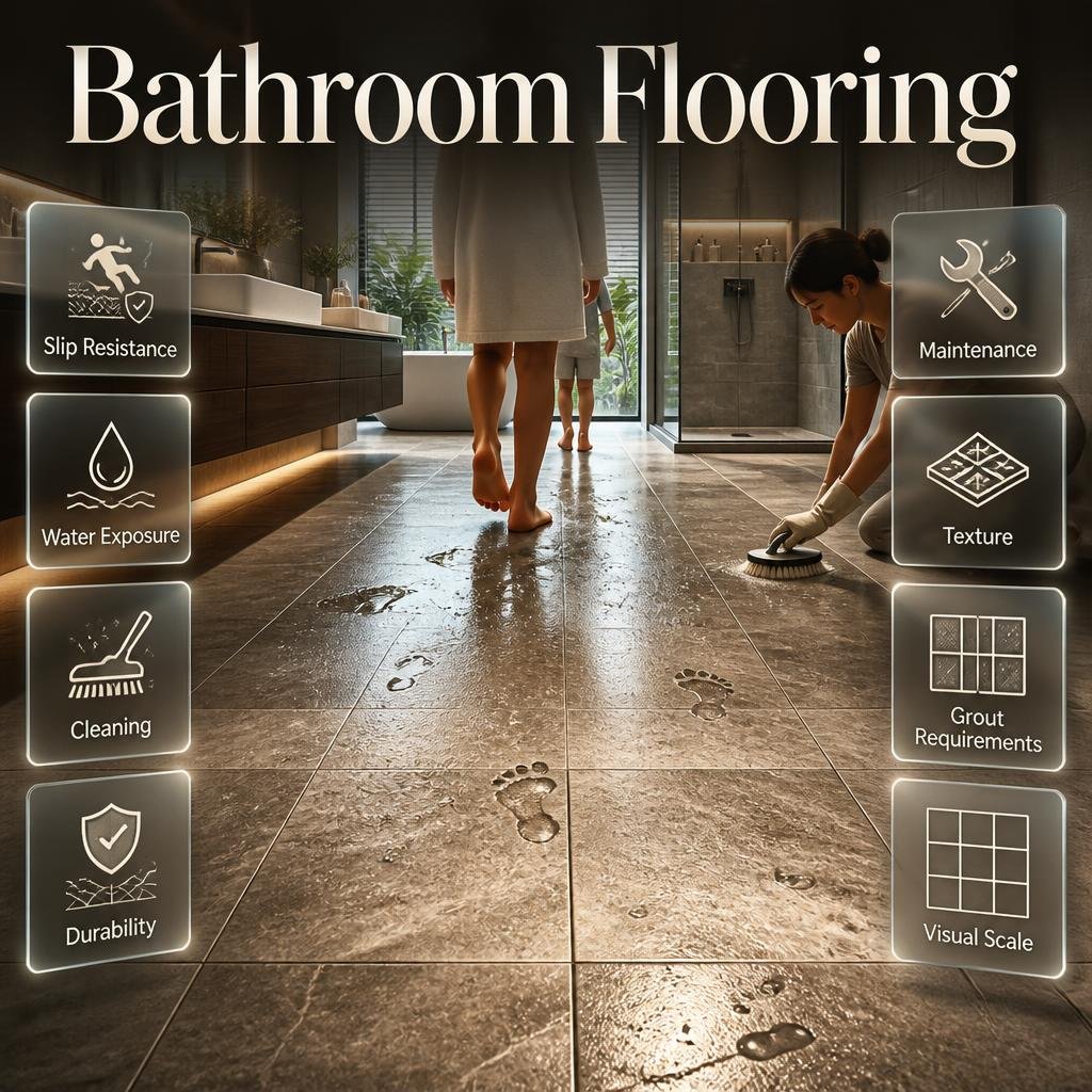 Bathroom flooring comparison showing slip resistance, water exposure, cleaning, durability, texture, grout, and long-term maintenance.