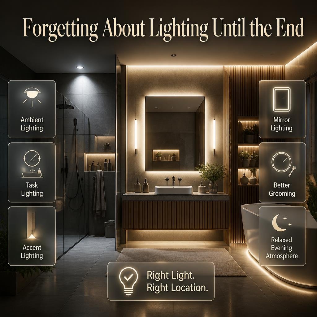 Bathroom lighting design showing ambient, task, accent, mirror, vanity, and layered lighting for better function and atmosphere.