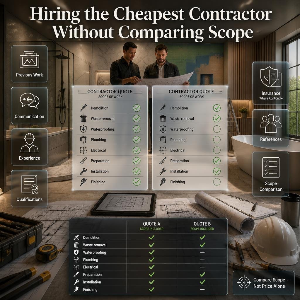 Bathroom contractor comparison showing renovation scope, demolition, waterproofing, plumbing, electrical, installation, and finishing.
