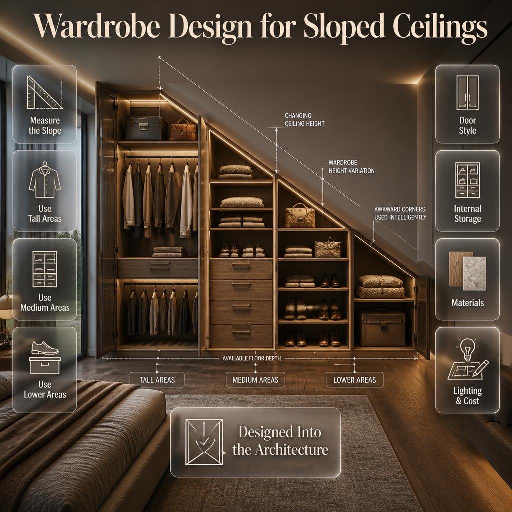 Wardrobe design for sloped ceilings showing fitted storage, hanging areas, drawers, shelves, shoes, bedding, and smart layouts.Wardrobe Design for Sloped Ceilings: Smart Storage Ideas