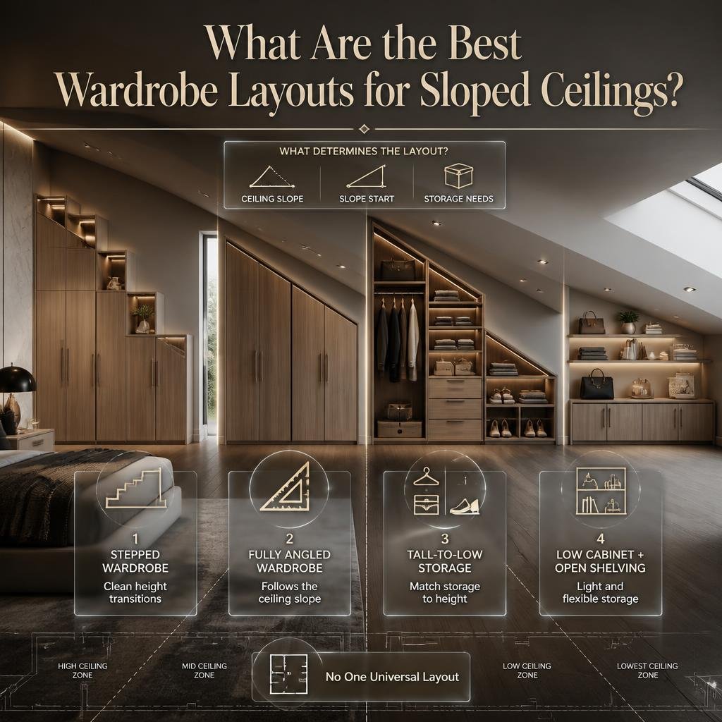Wardrobe layouts for sloped ceilings showing stepped, angled, tall-to-low, and low cabinet designs with open shelving.