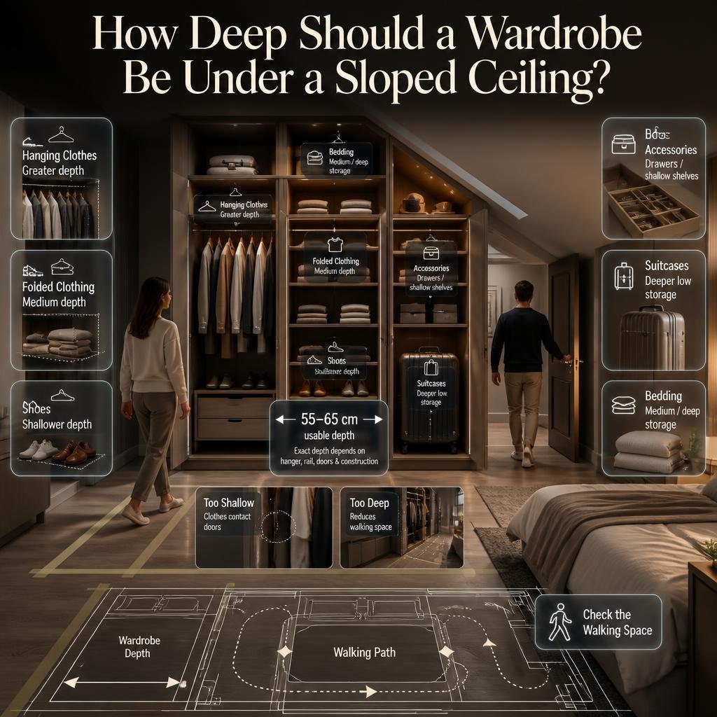 Wardrobe depth under a sloped ceiling showing hanging clothes, folded clothing, shoes, accessories, suitcases, bedding, and walking space.