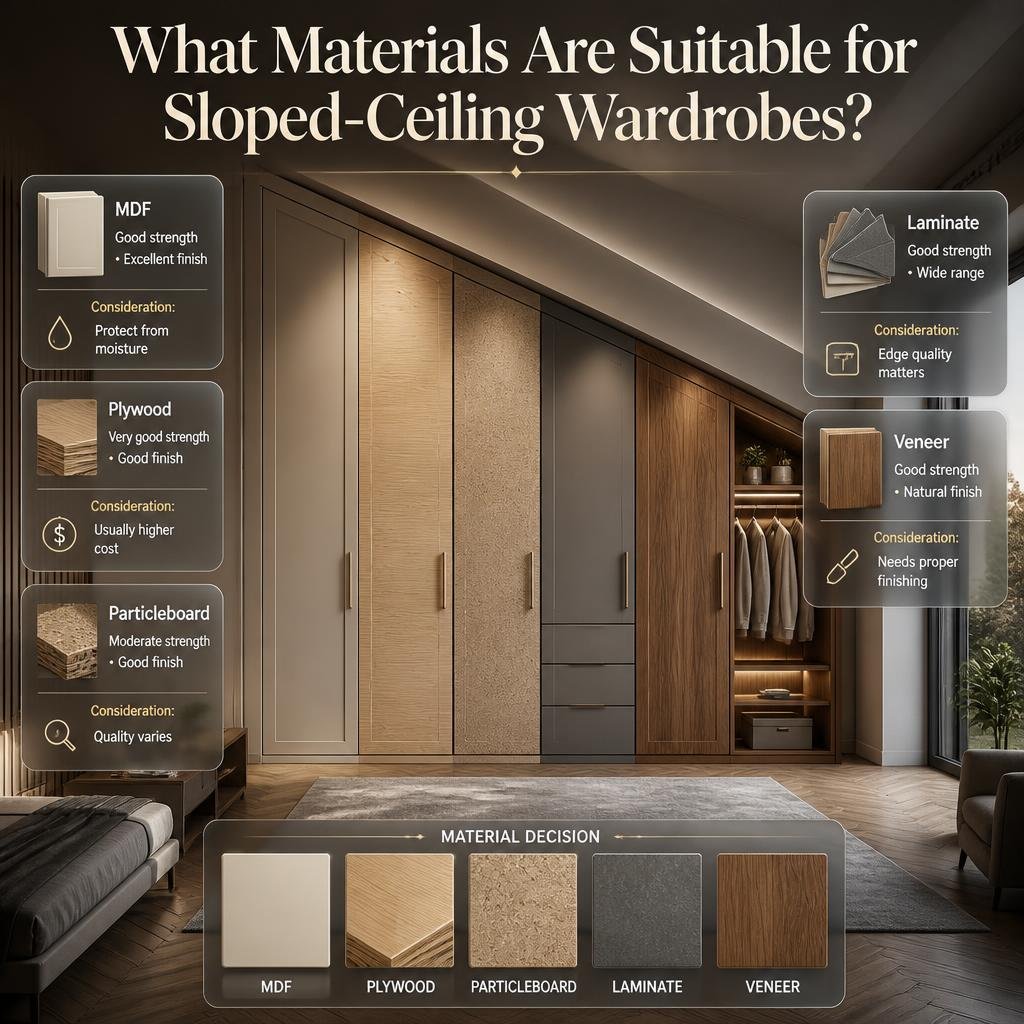 Sloped-ceiling wardrobe materials comparison showing MDF, plywood, particleboard, laminate, veneer, finishes, and moisture considerations.