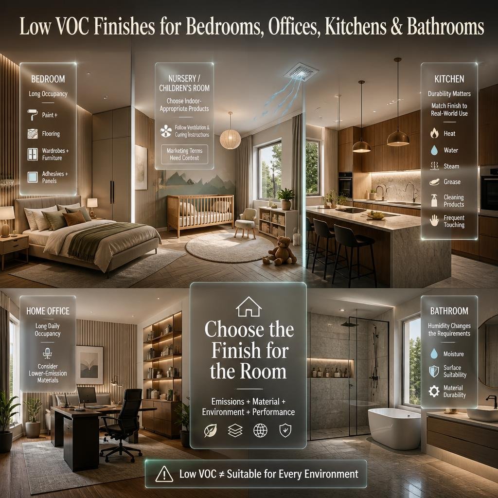 Low VOC finish guide for bedrooms, nurseries, home offices, kitchens, and bathrooms with room-specific material considerations.