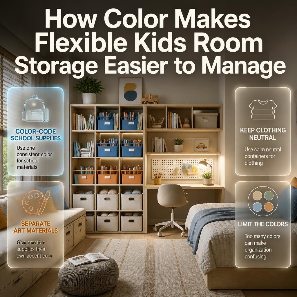 Color-coded kids room storage organizing school supplies, art materials, clothing, and furniture in a cohesive neutral bedroom palette