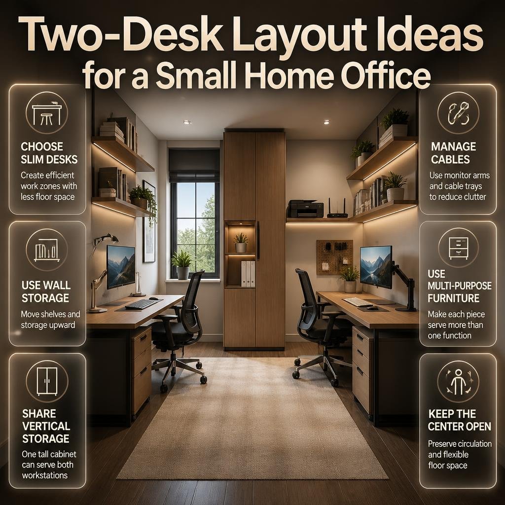 Small home office with two slim desks, vertical storage, wall shelves, monitor arms, cable trays, and an open central floor area