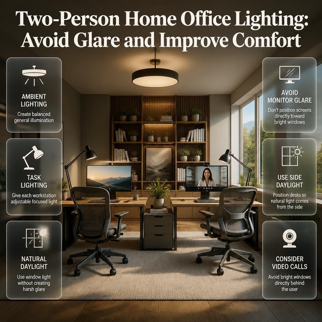 Two-person home office with ambient, task, and natural lighting, side daylight placement, adjustable desk lamps, and reduced monitor glare