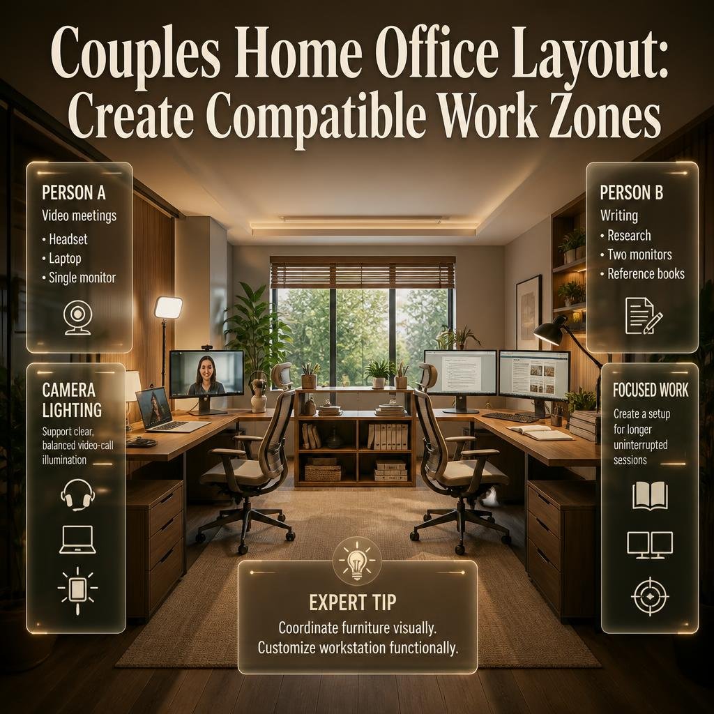 Couples home office with two customized workstations for video meetings, writing, research, monitors, lighting, and personal work habits