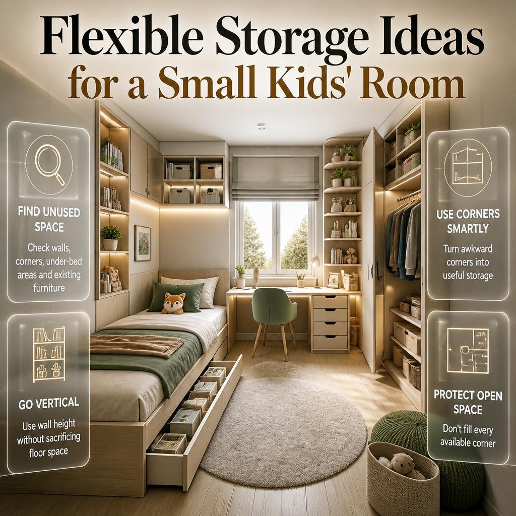 Smart small kids' room storage using vertical shelves, corners, under-bed space, wardrobe interiors, and areas above furniture