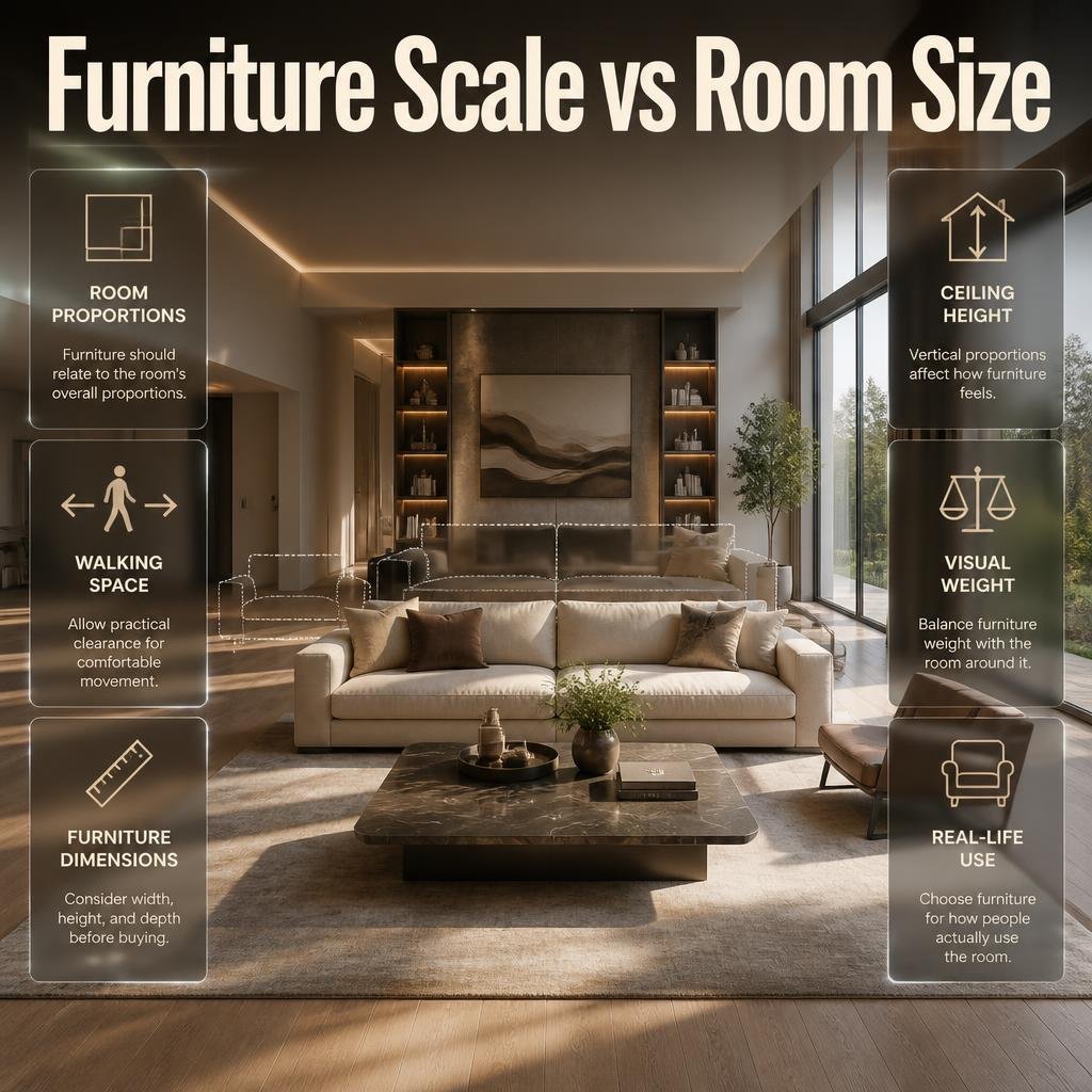 Furniture scale vs room size guide showing balanced sofa, table, walking space, and room proportions in a modern interior.Furniture Scale vs Room Size: Create a Balanced Room Layout